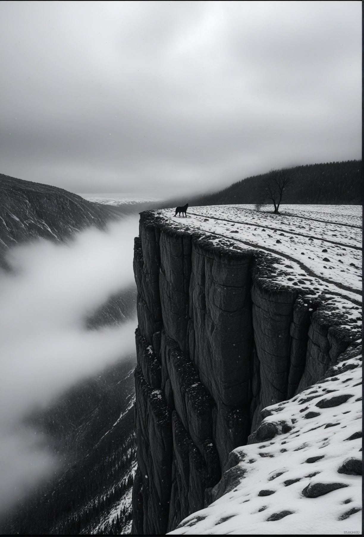masterpiece, best quality, amazing quality, very aesthetic, perfect eyes,hiper realistic,

,solo, standing, monochrome, outdoors, greyscale, day, tree, scenery, nature, snow, walking, wolf, landscape, fog, cliff, footprints, very_wide_shot,A lone tree stands on the edge of a rocky cliff, its branches reaching up towards the sky. The sky is overcast, with a hazy, misty atmosphere. The ground is covered in a thick layer of snow, and the cliff itself is jagged and uneven. The image is in black and white, with no watermark or other elements present.
