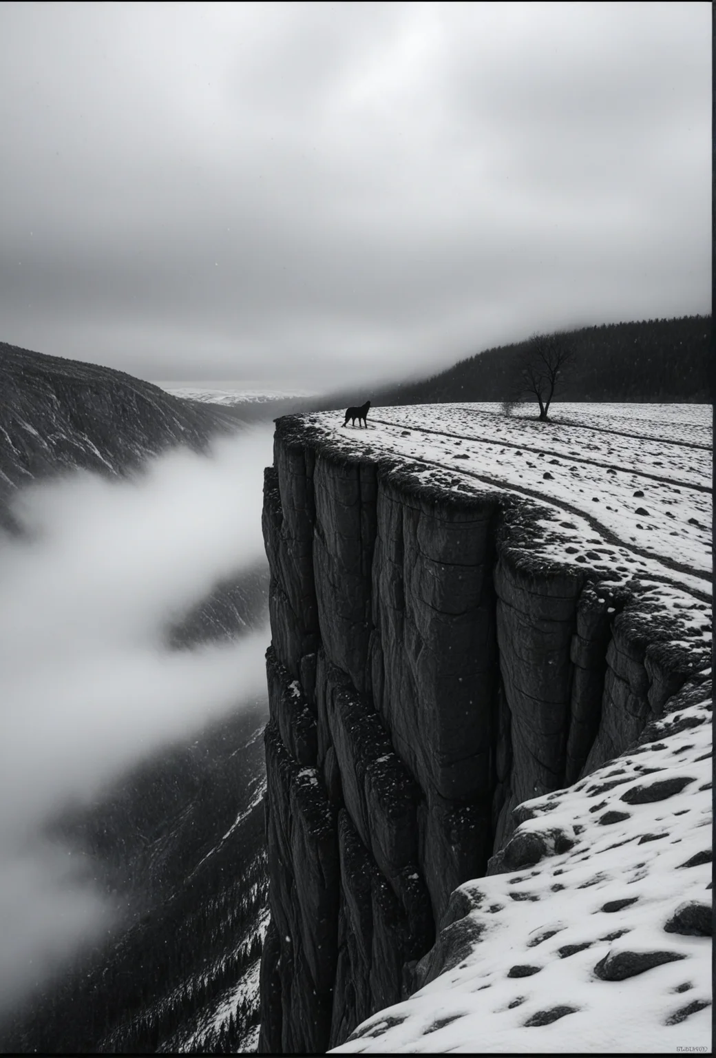 masterpiece, best quality, amazing quality, very aesthetic, perfect eyes,hiper realistic,
,solo, standing, monochrome, outdoors, greyscale, day, tree, scenery, nature, snow, walking, wolf, landscape, fog, cliff, footprints, very_wide_shot,A lone tree stands on the edge of a rocky cliff, its branches reaching up towards the sky. The sky is overcast, with a hazy, misty atmosphere. The ground is covered in a thick layer of snow, and the cliff itself is jagged and uneven. The image is in black and white, with no watermark or other elements present.