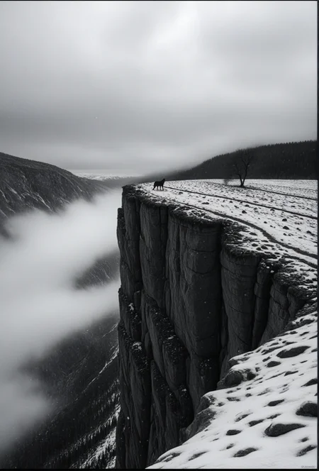 masterpiece, best quality, amazing quality, very aesthetic, perfect eyes,hiper realistic,
,solo, standing, monochrome, outdoors, greyscale, day, tree, scenery, nature, snow, walking, wolf, landscape, fog, cliff, footprints, very_wide_shot,A lone tree stands on the edge of a rocky cliff, its branches reaching up towards the sky. The sky is overcast, with a hazy, misty atmosphere. The ground is covered in a thick layer of snow, and the cliff itself is jagged and uneven. The image is in black and white, with no watermark or other elements present.