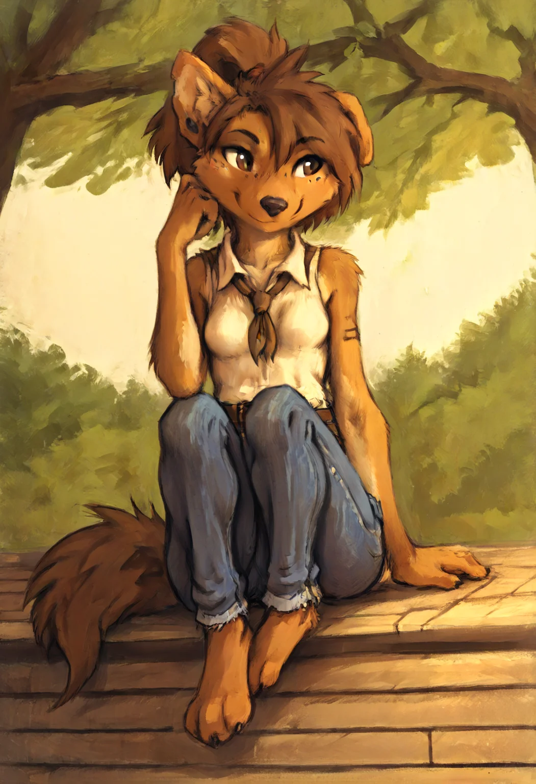 (score_9, score_8_up, score_7_up, score_6_up, score_5_up, score_4_up, source_furry, kenket style), furry, anthro,  female, animal ears, brown hair, short hair, ponytail, brown eyes,  curvy,  small breasts, cowboy clothes,chaps,jeans,brown belt, solo,  sitting , one outstretched leg, park