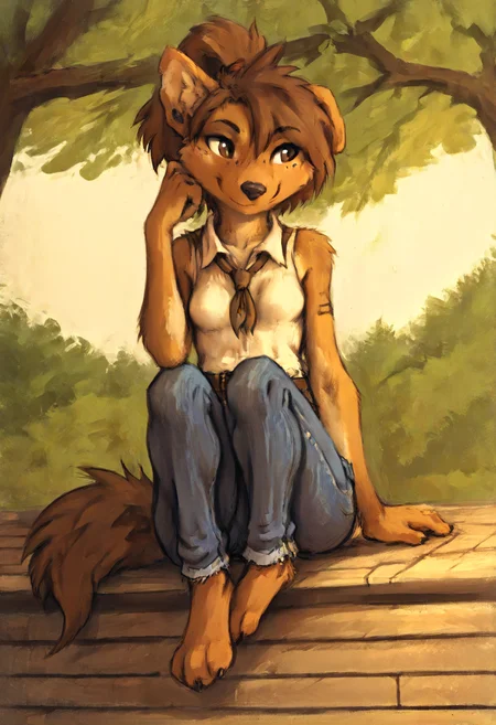 (score_9, score_8_up, score_7_up, score_6_up, score_5_up, score_4_up, source_furry, kenket style), furry, anthro, female, animal ears, brown hair, short hair, ponytail, brown eyes, curvy, small breasts, cowboy clothes,chaps,jeans,brown belt, solo, sitting , one outstretched leg, park