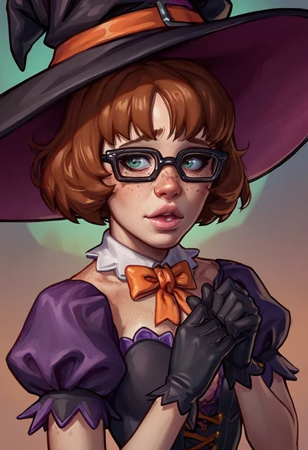 score_9, score_8_up, score_7_up, score_6_up, lilboots-dh BREAK
portrait, 1girl, short hair, brown hair, black gloves, witch hat, fake animal ears, short sleeves, glasses, solo focus, puffy sleeves, lips, black headwear, freckles <lora:Artist_Style_-_LilBoots_PDXL:1.0>