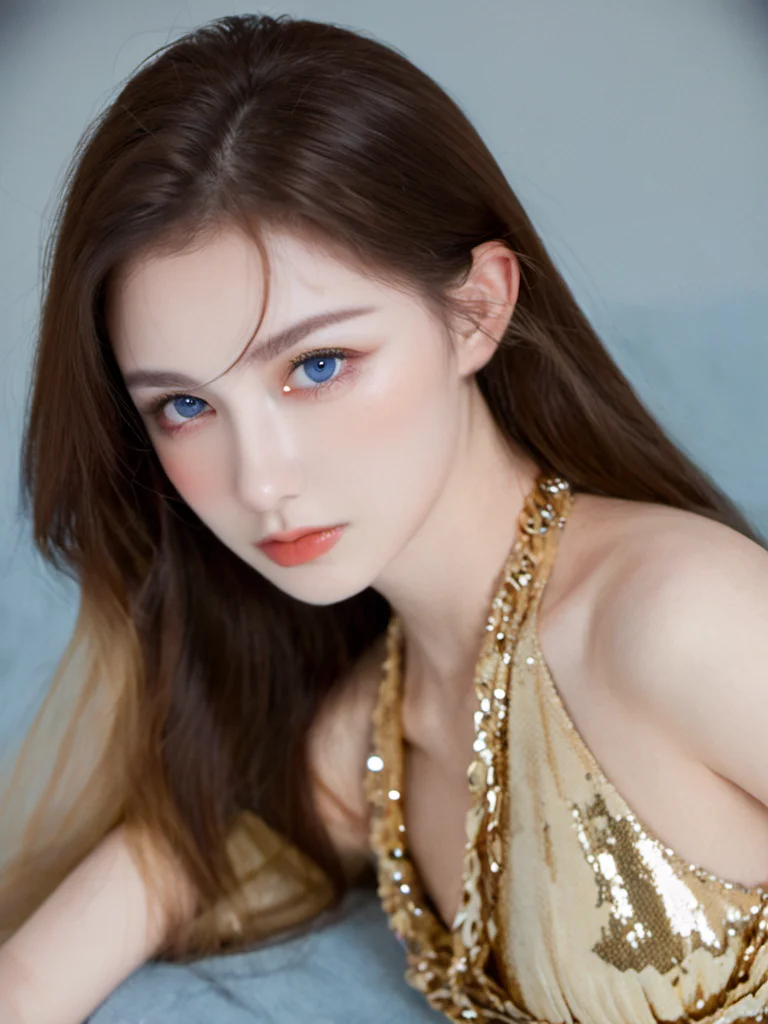 ((Russian)), realstic,portrait,1girl, an 18_year_old Russian girl, (golden_hair), ((gold halter skirt)), sequins, photo pose, very beautiful face and eyes, blue_eyes,{{showing cleavage }}}, {{height_177cm} lovable,Caucasian,russians