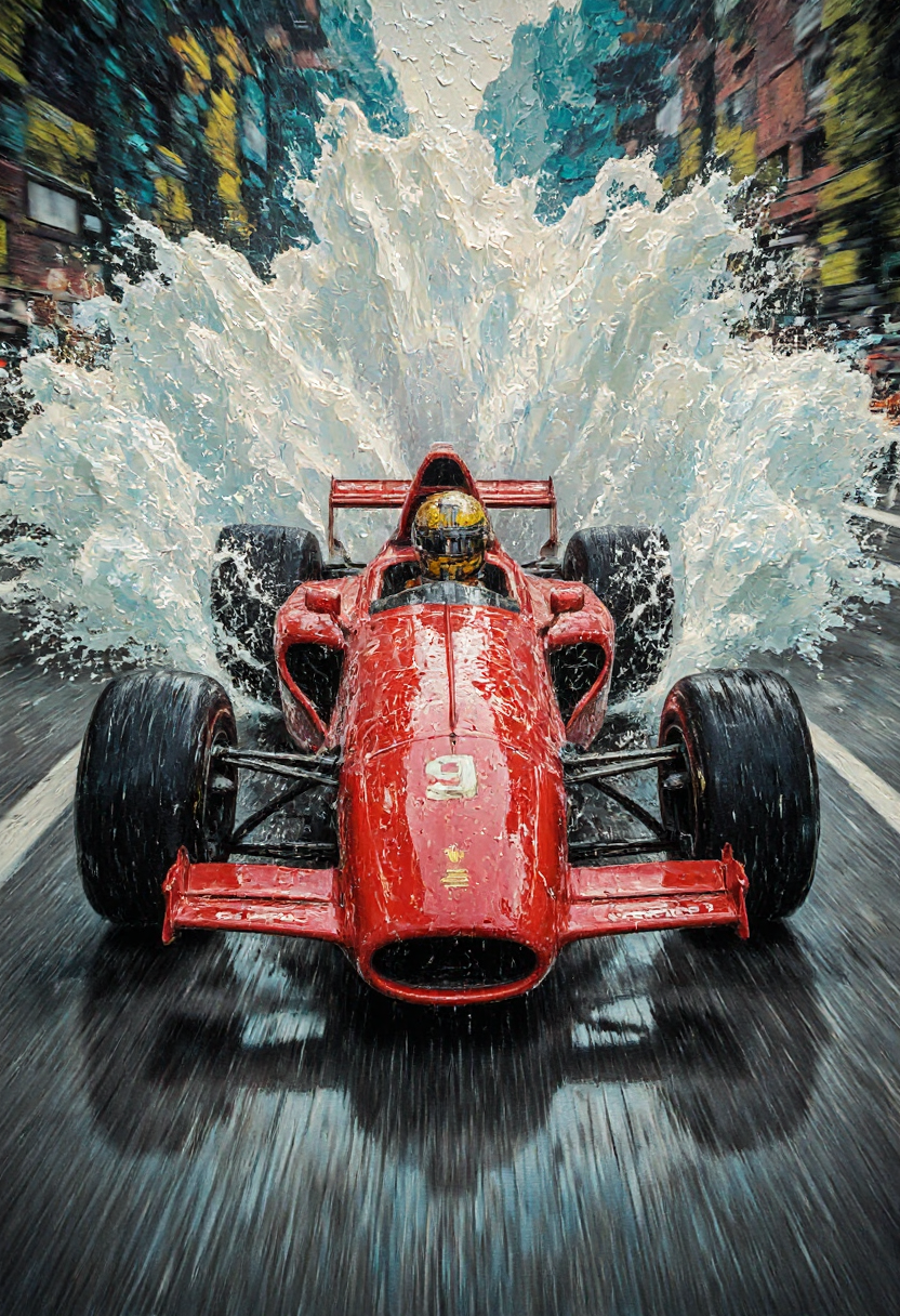 a red classic Formula 1 race car driving very fast on a wet street, dramatic angle, speed in motion, splashes of water, rough painting style, vivid colors, aidmamjv7, aidmaimageupgrader <lora:aidmaMJv7-FLUX-v0.1:0.8> <lora:aidmaImageUprader-FLUX-v0.3:0.4>