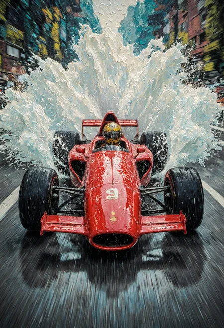 a red classic Formula 1 race car driving very fast on a wet street, dramatic angle, speed in motion, splashes of water, rough painting style, vivid colors, aidmamjv7, aidmaimageupgrader <lora:aidmaMJv7-FLUX-v0.1:0.8> <lora:aidmaImageUprader-FLUX-v0.3:0.4>