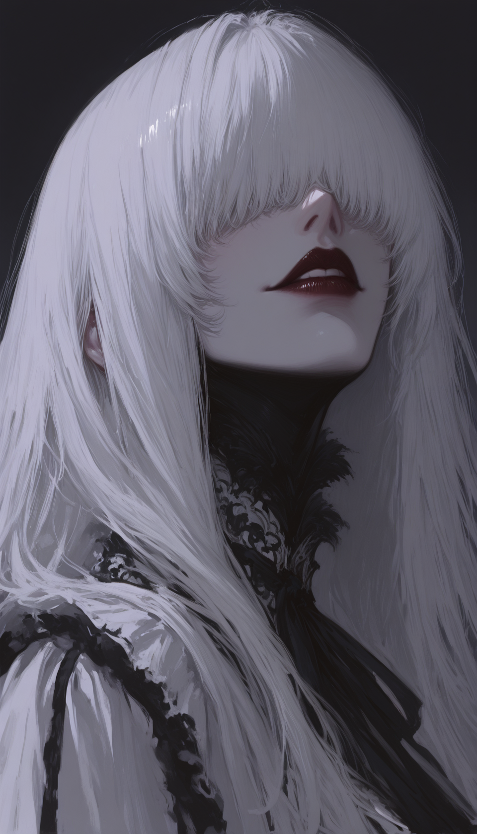 masterpiece, 8K, depth of field, focused subject, best quality,newest, absurdes, 1girl, solo, close up portrait, grey white hair, symbiotic black shadow over female body as the dress, blach dress, ribbon dress, deep dark shadow on body, dim lit, dark fantasy, messy hair, long bangs over eyes, mystic and creepy ambience, surreal abstractionism, Cheshire grin on face,burgundy lips, from side, low angle shot, victorian, classicism, gothic, shading, sketch art style, sharp focus, arsmjstyle, 7481llu, 4kiak4ne_illu, cknc, g0zena_illu, <lora:HyperdetailedColoredPencilIl:0.33> <lora:748cm_illu:0.75> <lora:4kiak4ne:0.3> <lora:ck-nc-cyberpunk-IL:0.3> <lora:NOOB_vp1_detailer_by_volnovik_v1:0.8> <lora:ponyv6_noobV1_2_adamW:0.25> <lora:G0zeNA_style:0.25>