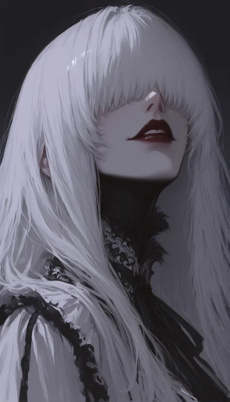 masterpiece, 8K, depth of field, focused subject, best quality,newest, absurdes, 1girl, solo, close up portrait, grey white hair, symbiotic black shadow over female body as the dress, blach dress, ribbon dress, deep dark shadow on body, dim lit, dark fantasy, messy hair, long bangs over eyes, mystic and creepy ambience, surreal abstractionism, Cheshire grin on face,burgundy lips, from side, low angle shot, victorian, classicism, gothic, shading, sketch art style, sharp focus, arsmjstyle, 7481llu, 4kiak4ne_illu, cknc, g0zena_illu, <lora:HyperdetailedColoredPencilIl:0.33> <lora:748cm_illu:0.75> <lora:4kiak4ne:0.3> <lora:ck-nc-cyberpunk-IL:0.3> <lora:NOOB_vp1_detailer_by_volnovik_v1:0.8> <lora:ponyv6_noobV1_2_adamW:0.25> <lora:G0zeNA_style:0.25>