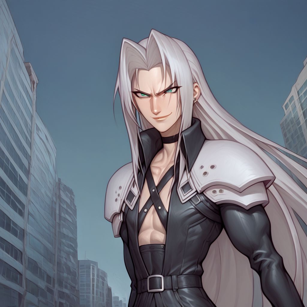score_9, score_8_up, score_7_up, flightless detailed closeup action shot, from front, Sephiroth leaping through the air swinging very long sword in a wide overhead arc, smug expression, dynamic pose, exaggerated perspective emphasizing action, in an industrial city at night, dim street lighting, solo, beautiful, androgynous, flat chest, leather straps, broad shouldered, long draping leather overcoat, high contrast, industrial cityscape background,