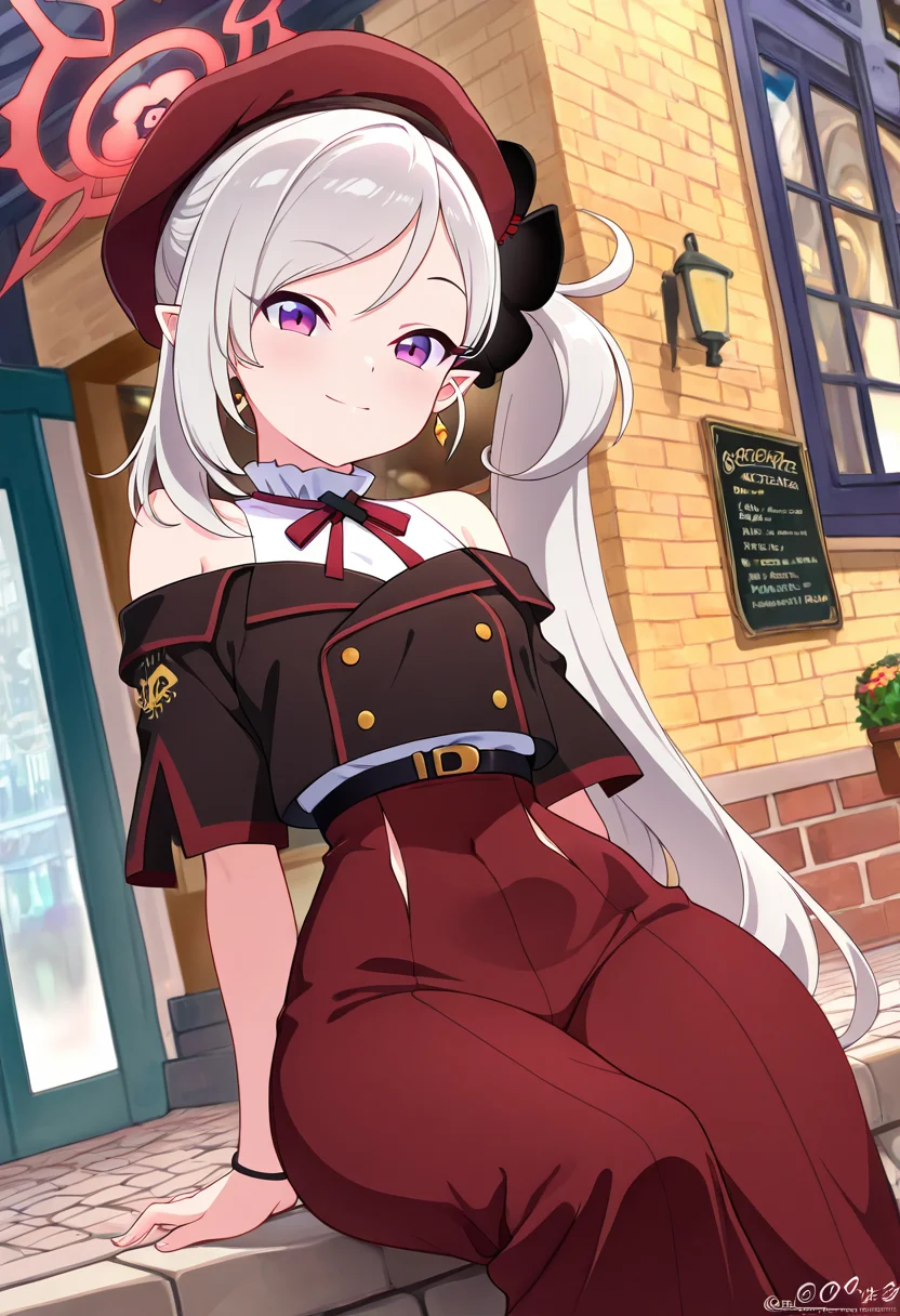 masterpiece, best quality, solo, curvy, beautiful eyes,  narrow waist, wide hips, zzMutsuki, long hair, halo, purple eyes, hair ornament, white hair, side ponytail, grey hair, pointy ears, hair flower,  dynamic angle, foreshortening, close up,   ,       <lora:MutsukiBlueArchiveIXL:1.0>, [French Chic Café], Beret, off-shoulder blouse, high-waisted trousers, gold earrings, Sitting at an outdoor European café, enjoying espresso beneath striped awnings on a cobblestone street.