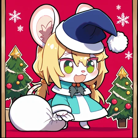 padoru <lora:padoru-IL-1.0:1>, masterpiece, perfect quality, best quality, anime coloring, 1girl, solo, padorumeme, padoru, christmas background, Chloe, 1girl, solo, long hair, blonde hair, animal ears, green eyes, furry female, mouse ears, mouse girl, mouse tail, body fur, white fur, bangs, animal nose, <lora:Chloe_v02_PDXL:1>, score_9, score_8_up, score_7_up, score_6_up, score_5_up, score_4_up,