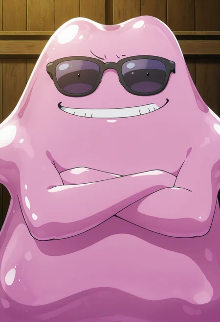 masterpiece, best quality, anime screencap, solo, no humans, zzDitto, smug, smile, teeth, sunglasses, crossed arms, ,<lora:DittoPokedex_IXL_v1:1.0>,