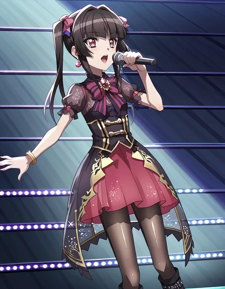 score_9, score_8_up, score_7_up, score_6_up,, score_5_up, BREAK, source_anime, anime screencap, idol, brooch, see-through, shirabe, pigtails, sheer pantyhose, platform boots, bracelet, earrings, microphone, singing, stage steps, screens, cowboy shot, dutch angle, <lora:AXZ-Shirabe:1>