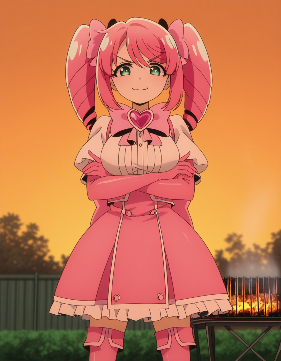masterpiece, best quality, amazing quality,, <lora:haruka-hanabishi-s1-illustriousxl-lora-nochekaiser:1>, haruka hanabishi, hanabishi haruka, twintails, green eyes, pink hair, mature female, medium breasts, anime screencap, thighhighs, gloves, dress, bow, magical girl, pink gloves,, crossed arms, smug, backyard, barbecue, grilling, laughter, summer evening, cowboy shot, solo, looking at viewer,