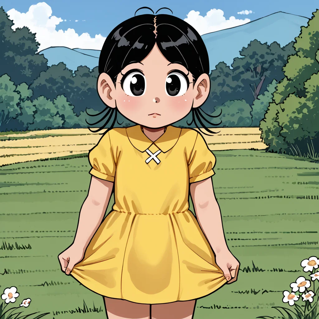 outdoors, <lora:MagaliV2:1> MagaliTDM, 1girl, solo, short-sleeved yellow dress, black hair, three strands of hair that seem to resemble pigtails, black eyes, short,