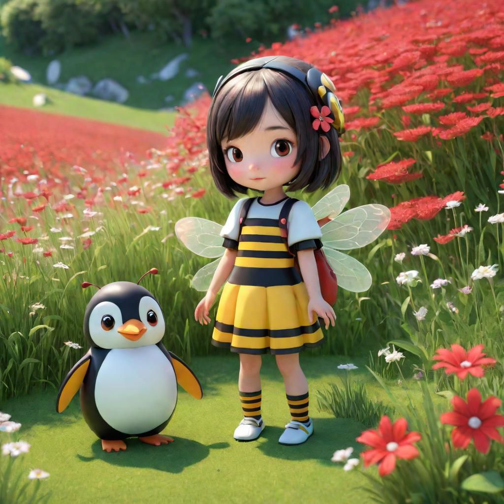 1girl, 3d, penguin bee girl, peppermint, grass and red flowers