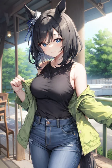 masterpiece, best quality,
eishin flash \(umamusume\),
looking at viewer, smile,
off shoulder, open clothes, green jacket, shirt tucked in, black shirt, sleeveless shirt, high-waist pants, jeans,
<lora:eishin_flash_loha:0.7>