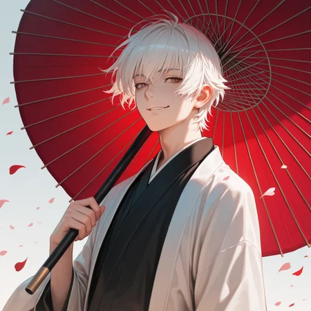 masterpiece, best quality, amazing quality, absurdres, newest, detailed background, definition so sharp, Ultra-HD, 8K cinematic, very awa, impressionate, amazing quality, highres,
solo, male focus, manly,
yashiroisana, 1boy, short hair, bangs, shiro_white hair, shiro_brown eyes, oil-paper umbrella, holding umbrella like a staff, playful smirk, calm gaze, wind blowing, floating petals, aesthetic, powerful, serene, playful