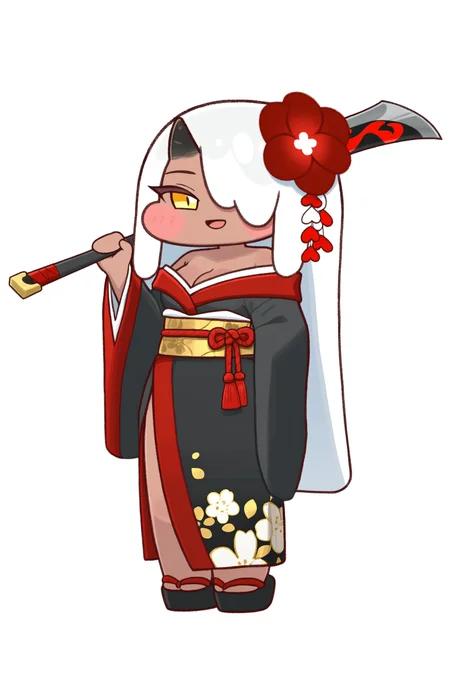 (trickcalcg), (chibi, chibi only:1.3), blush, blush stickers, 
1girl, solo, long hair, breasts, looking at viewer, blush, smile, open mouth, simple background, long sleeves, hair ornament, white background, holding, bare shoulders, very long hair, medium breasts, standing, full body, yellow eyes, white hair, flower, weapon, :d, horns, japanese clothes, hand up, dark skin, hair flower, wide sleeves, black footwear, kimono, holding weapon, off shoulder, hair over one eye, chibi, dark-skinned female, hands up, sash, blush stickers, sandals, floral print, obi, transparent background, red flower, monster girl, tassel, polearm, single horn, outline, one eye covered, oni, white outline, geta, absurdly long hair, print kimono, black kimono, holding polearm, over shoulder, platform footwear, jaggy lines, zouri, weapon over shoulder, kanzashi, okobo, naginata, aya \(trickcal\), aya \(trickcal\) \(memories of the red spider lily style\), 
(masterpiece, best quality, absurdres, highres, newest, very awa:1.2), 