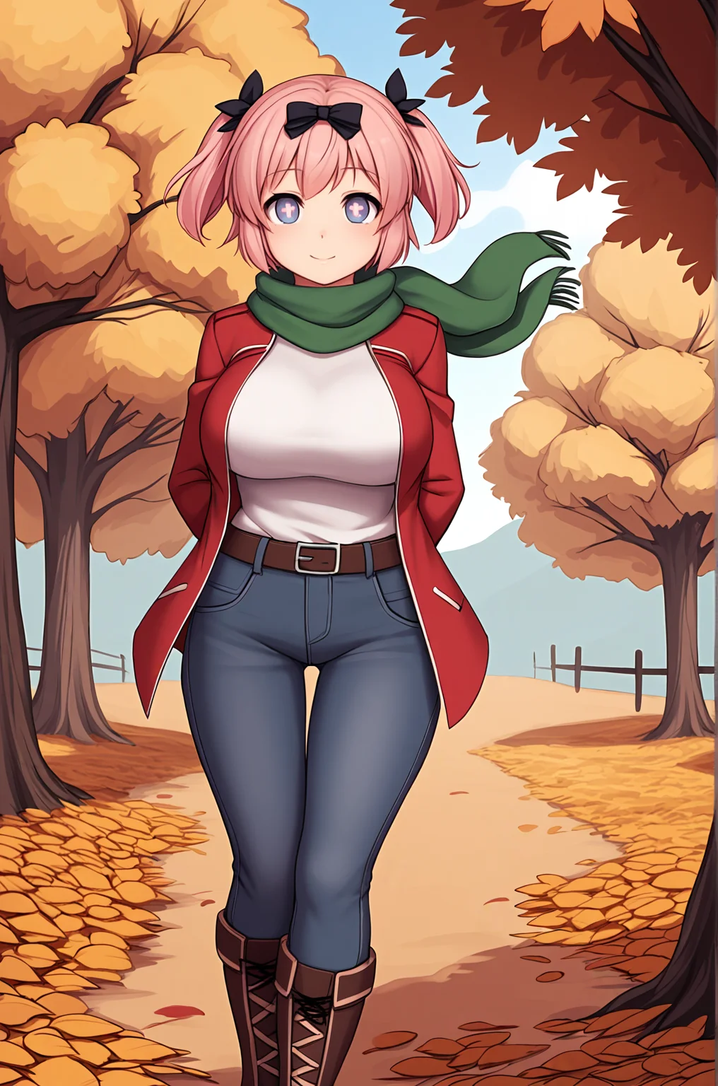 anime artwork, score_9, score_8_up, score_7_up, source_anime, BREAK, thick outline, fat outline,
Hibari_XL, purple eyes, cross-shaped pupils, pink short hair, short twintails, black hair bows, large breasts, BREAK, red coat, jeans, green scarf, high boots, hands behind back, BREAK, outdoors, autumn, wind, hair fluttering in the wind, trees, orange leaves, flying leaves,
<lora:Hibari_XL_r1:0.7>
<lora:PersonalAmi_PonyXL:1.0>