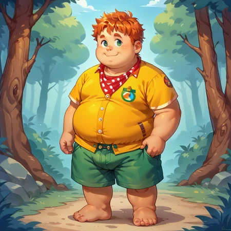 score_9, score_8_up, score_7_up, source_anime, fat, fat arms, fat legs, chubby cheeks, freackles, wearing a boyscout uniform, wearing shorts, wearing boy scout shirt, unbuttoned, wearing neckerchief, standing, summer camp background, 1boy, solo, forest background, happy mood, young, ginger hair, messy hair, barefoot, chibfurri, five toes, cub.