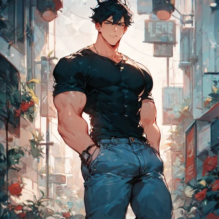 score_9, score_8_up, score_7_up, solo,1boy, black shirt ,muscular, medium shot, blue eyes