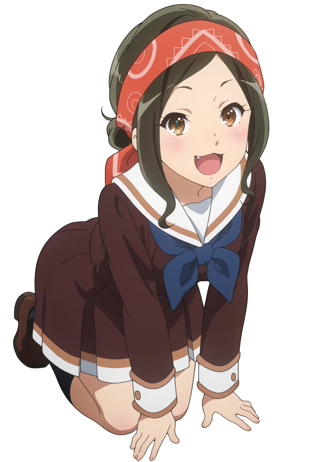 absurdres, high quality, masterpiece, very awa, anime screencap, 8k, absurd res
1girl, <lora:Yayoi:1> ykamiishi, brown hair, sidelocks, single hair bun, brown eyes, headband, detailed face, :3, kitauji high school uniform, brown uniform, blue bowtie,
full body, looking at viewer, white background, :d, fang,