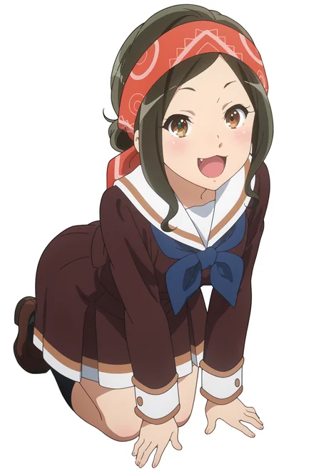 absurdres, high quality, masterpiece, very awa, anime screencap, 8k, absurd res
1girl, <lora:Yayoi:1> ykamiishi, brown hair, sidelocks, single hair bun, brown eyes, headband, detailed face, :3, kitauji high school uniform, brown uniform, blue bowtie,
full body, looking at viewer, white background, :d, fang,