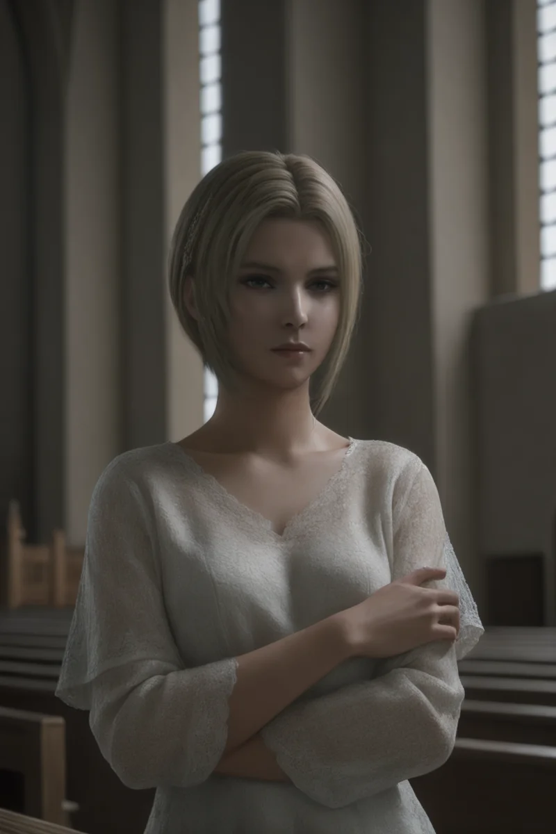 masterpiece,highres,realistic,1girl,benedikta_harman,<lora:benedikta_sdxl_V1:0.65>,upper body,looking at viewer,canonicals,church,