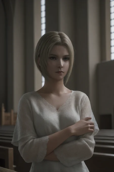 masterpiece,highres,realistic,1girl,benedikta_harman,<lora:benedikta_sdxl_V1:0.65>,upper body,looking at viewer,canonicals,church,
