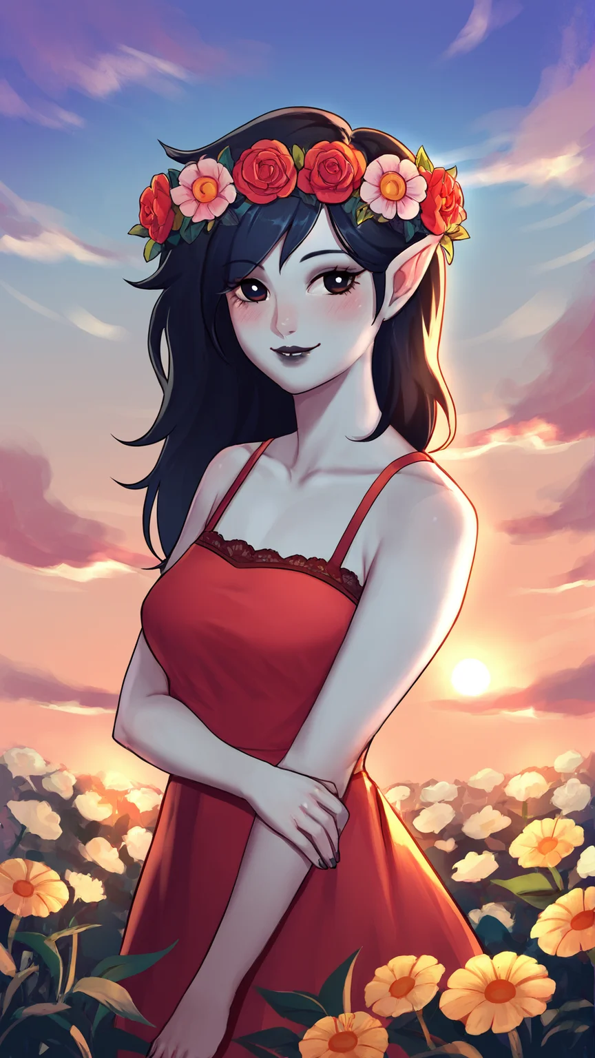 score_9, score_8_up, score_7_up,
best quality, masterpiece, ultra detailed,
looking at the viewer, looking at the camera,
portrait,
light smile, blush,
Marceline  from Adventure Time, 
black eyeliner cat eye,
black lips,
lace cute dress, wreath of flowers on the head,
sunset, warm light, cozy, sky, clouds, 
amazing background, outdoors,
 <lora:Everlasting_Summer_Vanilla_Art_Style_by_GraffMetal:1>,