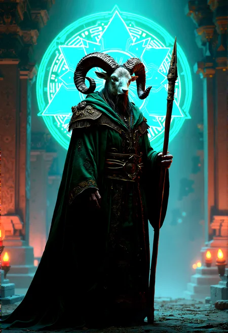 A photorealistic depiction of a seasoned humanoid ram mage with detailed robe, standing in front of a glowing, futuristic background filled with intricate circuitry patterns and vibrant, geometric light shapes, blending ancient and modern aesthetics.
The warrior with one hand holding wooden staff and the other holding a scroll or ancient artifact, the background merging traditional and futuristic elements with glowing circuits and vibrant patterns.
Subtle textures on the ground or surface the warrior stands on, with the light from the circuits and shapes casting faint reflections and adding depth to the scene
cinematic lighting, extremely intricate detail character, accurate depiction of character, correct body anatomy, correct hands and fingers, extremely intricate skin and facial skin texture detail, lifelike potrayal, extremely realistic lighting, extreme dynamic pose, extremely sharp background details, enhance background details