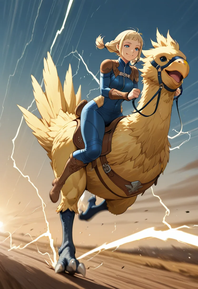 masterpiece,best quality,amazing quality,newest,anime coloring,
penelo,blonde hair tied in pigtails,cornflower blue knee-high boots,bodysuit, shoulder pads, bracers,
wilderness,smile,
dutch angle,dynamic pose,rim light,chocobo,riding,holding reins,saddle,
superspeed, running, electricity, motion blur, light trail,
speed lines,motion lines,motion blur,