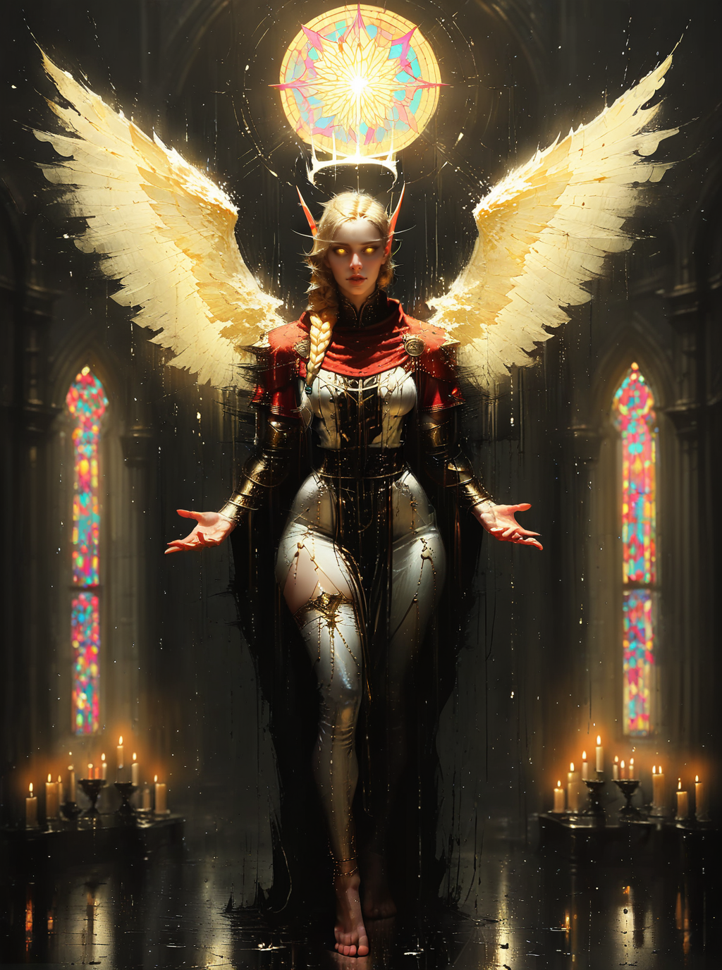 sref373, blurry silhouette, full body of elf woman wearing white tabard and red capelet, nose, lips, pauldrons, blonde, single braid, wide hips, legwear, barefoot, anklet, glowing angel wings, glowing halo, yellow eyes, particles, night, dark atmosphere, temple indoors, candles, stained glass windows, solo, glass shards, dynamic pose < <lora:sxz-sref373:1>