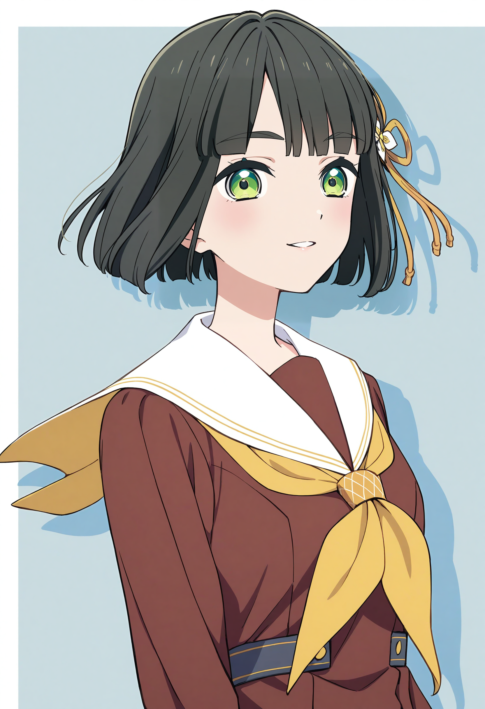 1girl, best quality, masterpiece, anime, anime coloring, simple background, light blue theme, outside border, drop shadow,  smile, looking at viewer, upper body,
<lora:A_XL_momose ginko v3_Animagine31:1> momose ginko, link! like! love live!, short hair, green eyes, black hair, bob cut, hair ornament,
winter uniform, hasunosora school uniform, long sleeves, brown serafuku, yellow neckerchief, white sailor collar