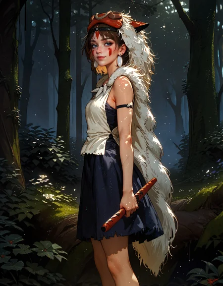score_9, score_8_up, score_7_up, score_6_up, score_5_up, score_4_up,   san, 1girl, full body, side view, standing, spreading hands, hands to sides, solo, short hair, brown hair, gray eyes, headband, face paint, earrings, white sleeveless top, navy under dress, arm cuffs, fur headdress, fur cape, light-skinned female, female focus, looking at viewer, smiling, forest, (blush:1.1)