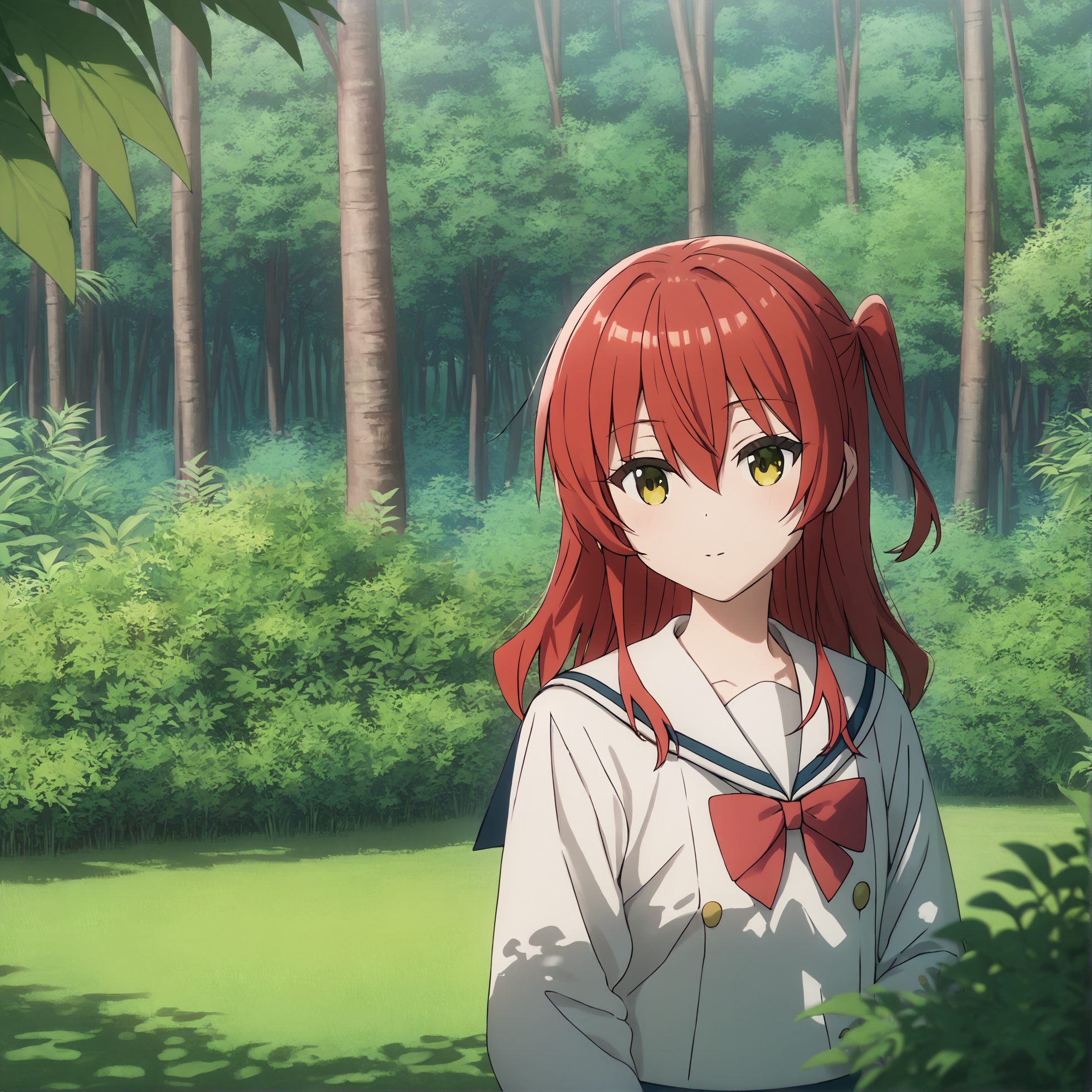 score_9, score_8_up, score_7_up, highres, hi res, best quality, masterpiece, 2d, intricate details, 4k, anime coloring, shadow, uncensored,
1girl, solo, female, long hair, hair between eyes, red hair, one side up, green eyes, yellow eyes,
school uniform, serafuku, sailor collar, pleated skirt, necktie, red necktie, sailor fuku, serafuku, shirt, long sleeves, 
upper body, looking at another,
outdoors, jungle, grass, on grass, more grass, big grass, depth of field, trees, foliage, bushes, <lora:Ikuyo_Kita_1024_Pony:1>, kita ikuyo,
