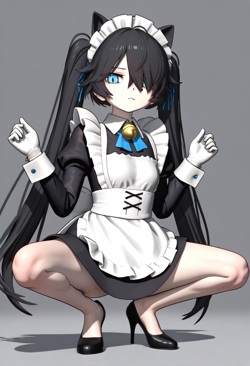 (3D),((((MMD)))),(Maid-kasli), solo, white gloves, dress, hair over one eye, maid apron, blue eyes, twintails, cat ears, maid headdress, maid, gloves, 1girl, apron, juliet sleeves, long sleeves, long hair, black hair, animal ears, bell,(Fall down),(squatting down, heels touching each other, legs fully extended outward)