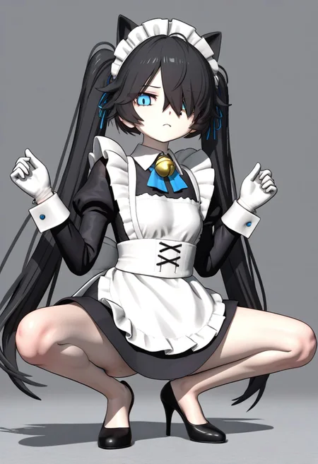 (3D),((((MMD)))),(Maid-kasli), solo, white gloves, dress, hair over one eye, maid apron, blue eyes, twintails, cat ears, maid headdress, maid, gloves, 1girl, apron, juliet sleeves, long sleeves, long hair, black hair, animal ears, bell,(Fall down),(squatting down, heels touching each other, legs fully extended outward)
