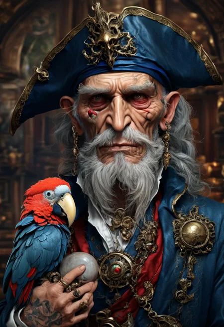 100 Year Old Old Man Pirate With Tattoo And Parrot looks at the camera, Beautiful picture of the character, character portrait, character portrait, 🤤 Charlie Bowater character art, epic portrait illustration, подробный character portrait, neo-artcore and Charlie Bowater, high quality portrait, fantasy concept art portrait, detailed matte fantasy portrait, charlie bowater art style, unaestheticXL_Alb2, Detailed beautiful portrait, fantasy art portrait, Sci-fi Environments
