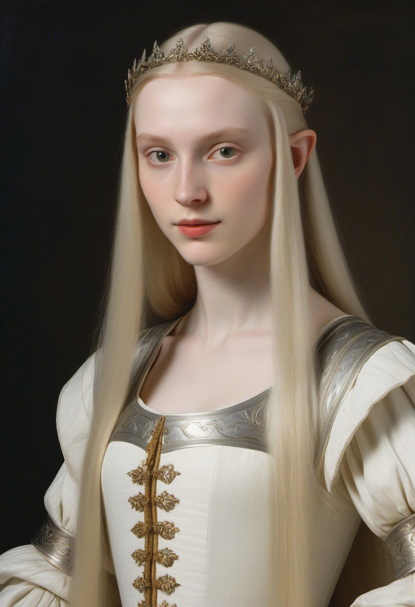 Portrait of an Elf Queen by Caravaggio, very pale skin, very long straight pale hair, 
wearing a Renaissance fashion knght's armor, 
very long golden hair with silver highlights, kind face, inside a citadel,