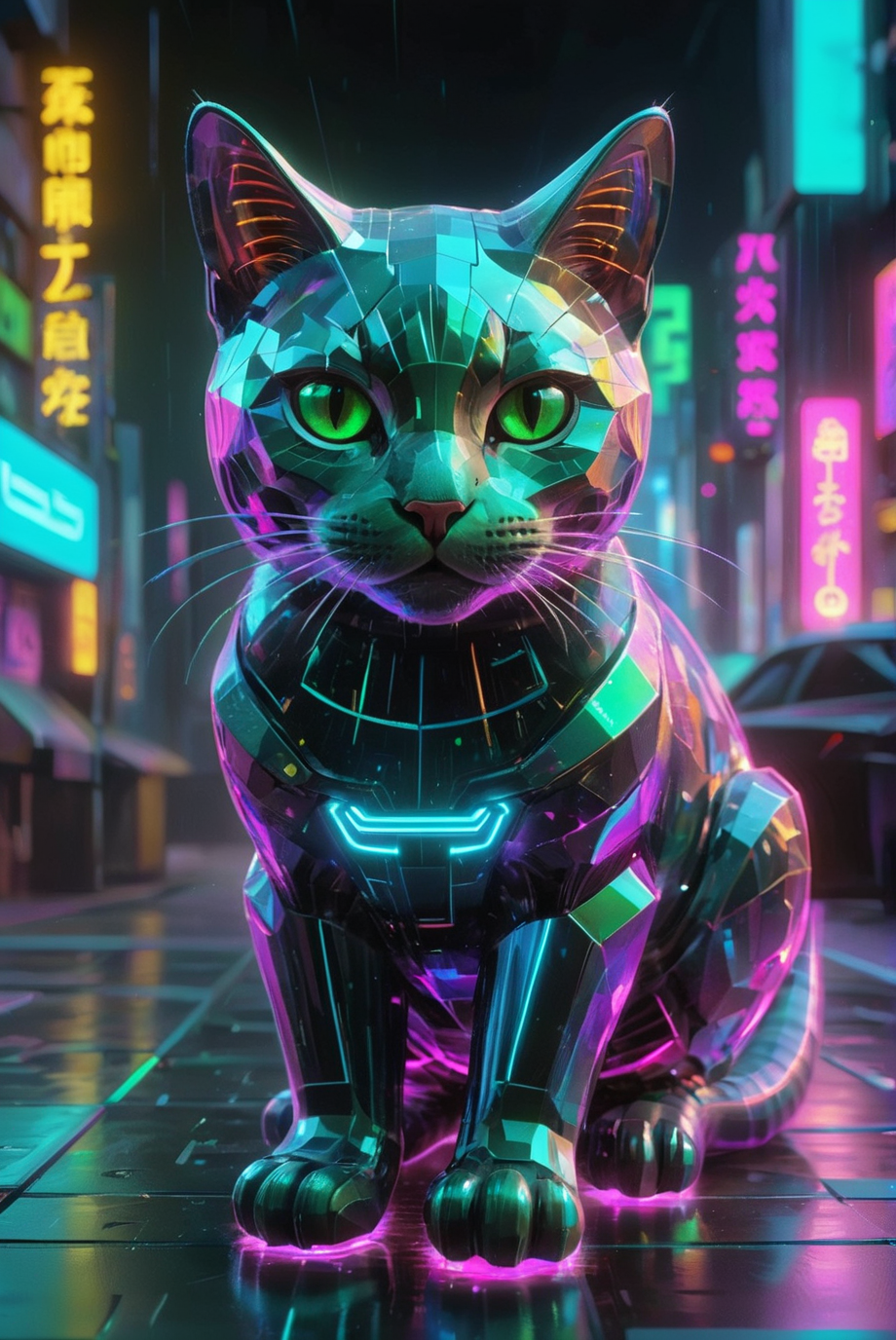 A hyper-detailed, photorealistic, transparent digital holographic cat rendered in a cubist style is set against a cyberpunk city skyline. The scene blends surreal and science fiction elements, with neon colors illuminating the futuristic buildings in the background. The cat's transparent holographic form is made up of geometric shapes and sharp angles, glowing with vibrant hues of electric blue, neon pink, and green. The cyberpunk cityscape features towering skyscrapers, flying vehicles, and holographic advertisements, all bathed in dynamic lighting and sharp contrasts. Rain-soaked streets and digital noise enhance the dramatic atmosphere, creating a visually striking and surreal science fiction world.
<lora:ral-hlgrphic-sdxl:0.85> ral-hlgrphic,
<lora:add-detail-xl:1.0>,
<lora:EldritchMixIllustration_1.1:0.35>,
<lora:20240614-1718326897684:0.6>,