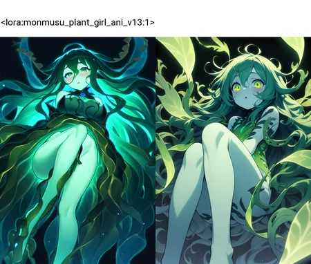flow kelp, kelp, 1girl, :o, absurdres, bare legs, blush, colored skin, full body, green eyes, green hair, green skin, green theme, groin, hair between eyes, long hair, looking at viewer, monster girl, monster girl encyclopedia, official art, open mouth, pale skin, parted lips, plant girl, solo, very long hair, wavy hair, underwater, close-up, from below,  hand between legs, floating, bioluminescence, night, black background,
masterpiece, best quality, very aesthetic, absurdres
<lora:monmusu_plant_girl_ani_v13:1>
