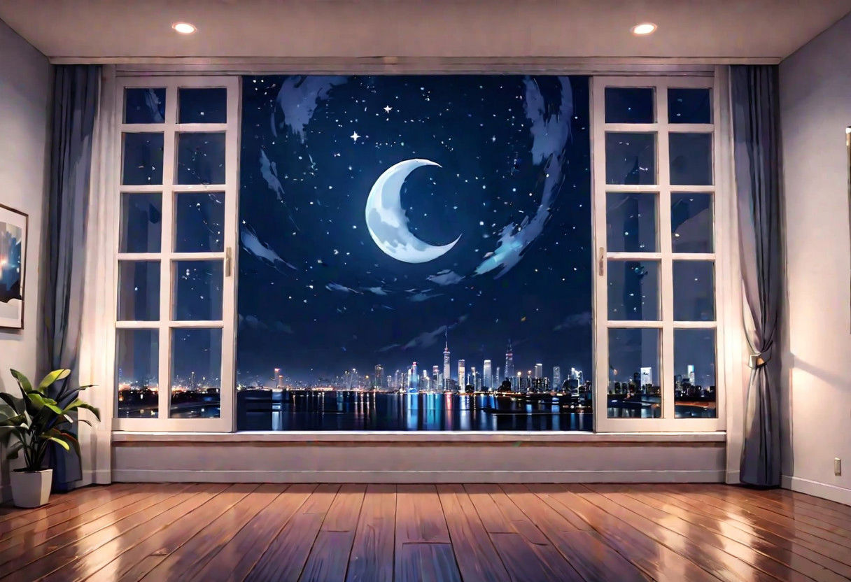 ((((front view)))), Shallow scene, ((animation style)), (((City high-rise building scenery))), ((((City scenery outside the window)))), ((sense of mystery)), (night), starry sky, moonlight, (weak light), (Facing the window), (open window), modern-style interior, Wooden floor, with white walls, (large windows), a living room, sofa and coffee table by the window sill,  (((Sofa placed horizontally))), (Behind the sofa is the window sill),