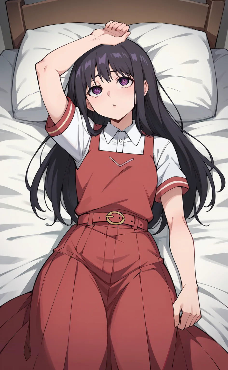 source_anime, zPDXL2, 1girl BREAK
<lora:oto_adashino:1>, oto_wz, black hair, very long hair, purple eyes, ringed eyes, school uniform, red skirt, white shirt, collared shirt, short sleeves, red pinafore dress, belt, lying, bed, apartment, looking up, arm up, light