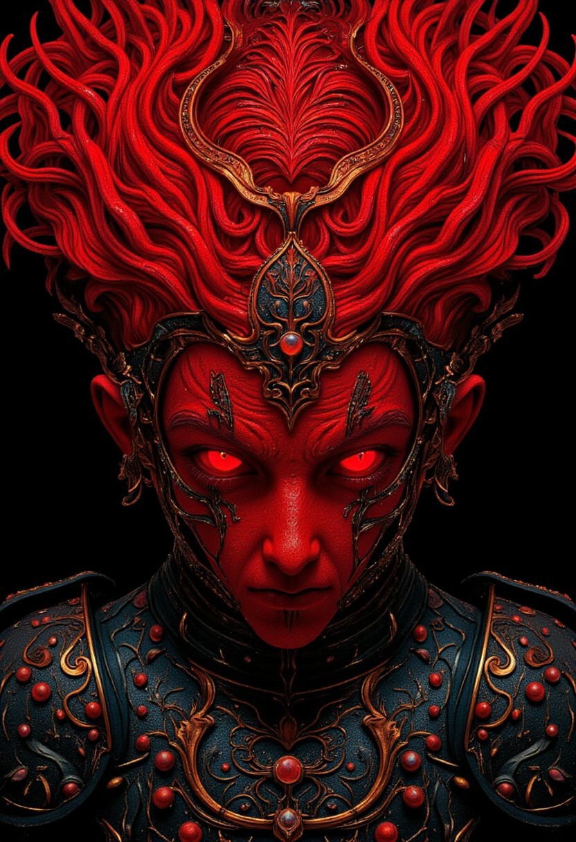 vivid colors, Photorealistic, S1n0z1ck style, extremem Closeup of an organic translucent fungus/reptilian creature, charming but dangerous, flat color twotoned in red and Grey, resembling a mushroom syberian masked intricate designed haitian Warrior in Relief high collar metal armor, cinematic lighting, insane details, hyperrealistic extreme closeup macro photography, 64 megapixel DSLR