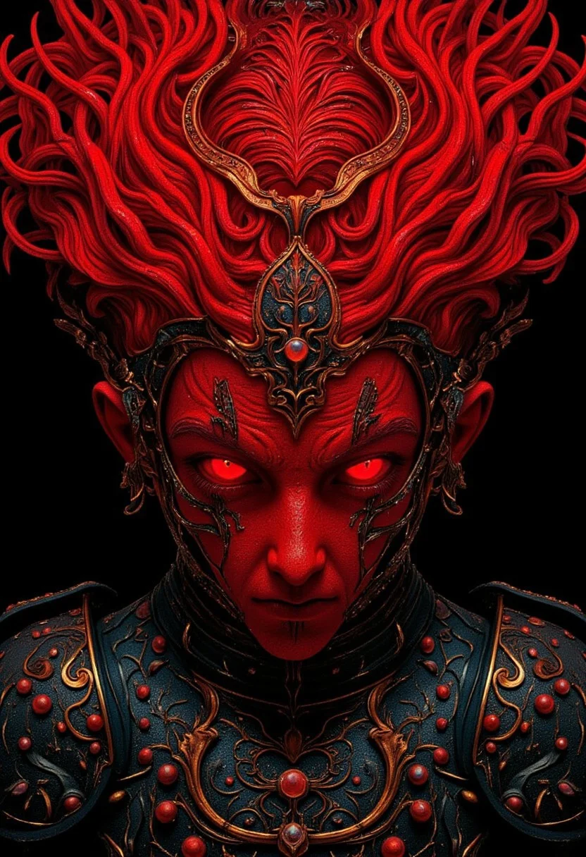 vivid colors, Photorealistic, S1n0z1ck style, extremem Closeup of an organic translucent fungus/reptilian creature, charming but dangerous, flat color twotoned in red and Grey, resembling a mushroom syberian masked intricate designed haitian Warrior in Relief high collar metal armor, cinematic lighting, insane details, hyperrealistic extreme closeup macro photography, 64 megapixel DSLR