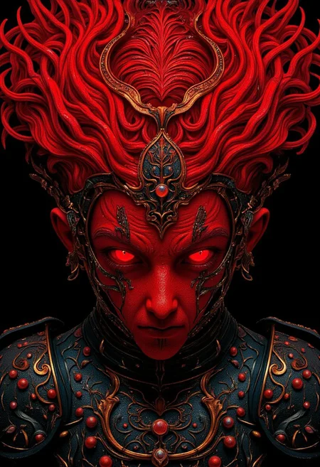 vivid colors, Photorealistic, S1n0z1ck style, extremem Closeup of an organic translucent fungus/reptilian creature, charming but dangerous, flat color twotoned in red and Grey, resembling a mushroom syberian masked intricate designed haitian Warrior in Relief high collar metal armor, cinematic lighting, insane details, hyperrealistic extreme closeup macro photography, 64 megapixel DSLR