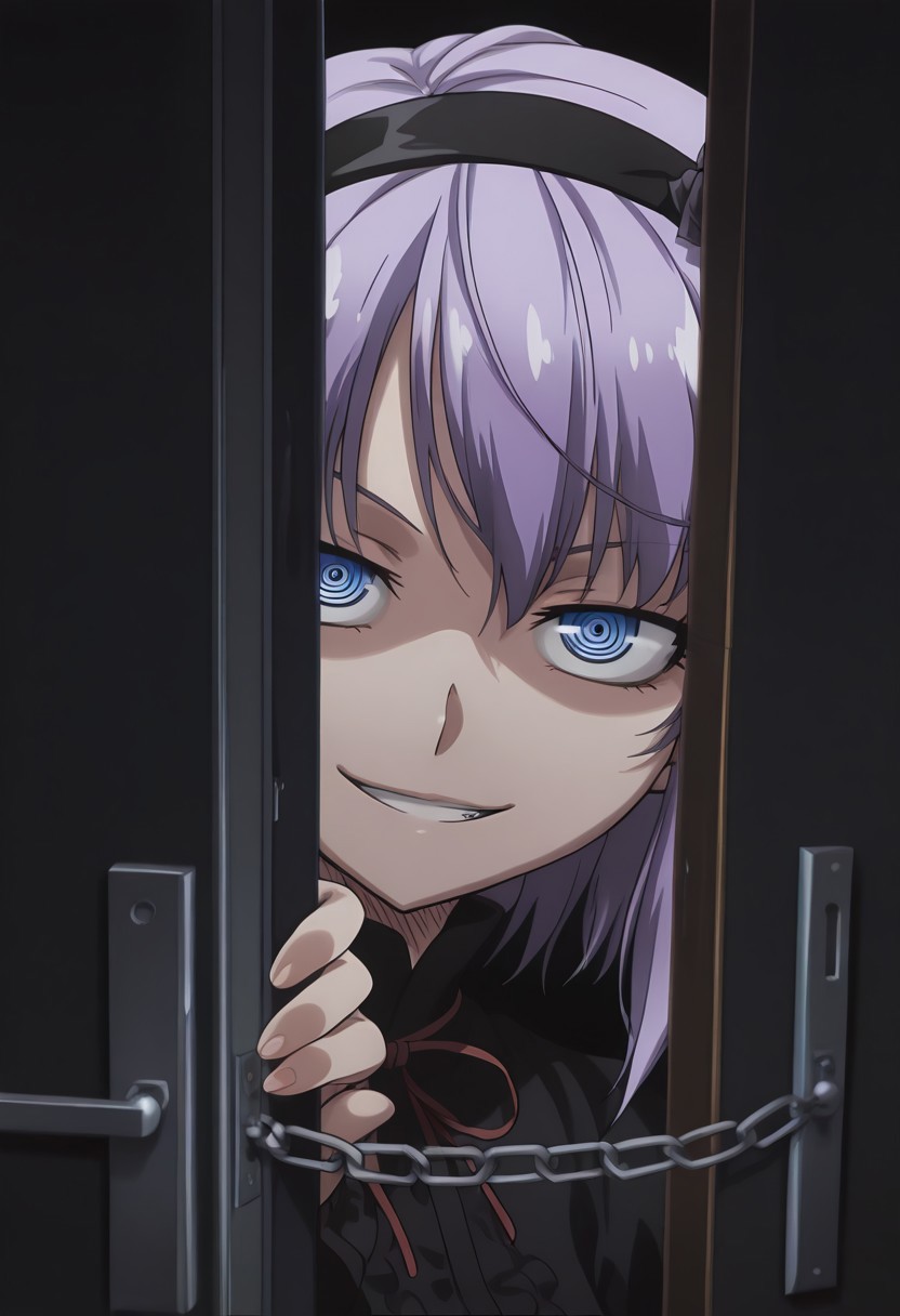 masterpiece,best quality,amazing quality,absurdres,anime coloring, anime screenshot, solo, 1girl, (dark, black theme:1.3), Hotaru, purple hair, hairband, ringed eyes, blue eyes, hair flower, hair ornament, short hair, grin, evil smile, door, looking at viewer, chain,peeking out, open door, chain, pov doorway, opening door