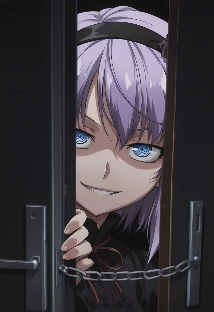 masterpiece,best quality,amazing quality,absurdres,anime coloring, anime screenshot, solo, 1girl, (dark, black theme:1.3), Hotaru, purple hair, hairband, ringed eyes, blue eyes, hair flower, hair ornament, short hair, grin, evil smile, door, looking at viewer, chain,peeking out, open door, chain, pov doorway, opening door