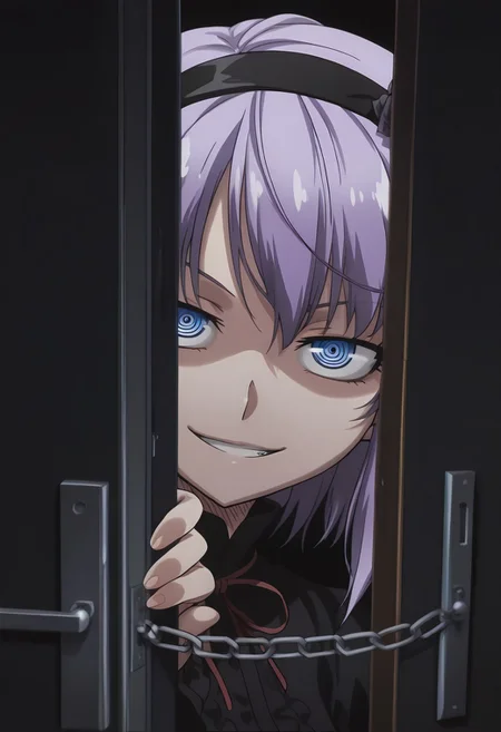 masterpiece,best quality,amazing quality,absurdres,anime coloring, anime screenshot, solo, 1girl, (dark, black theme:1.3), Hotaru, purple hair, hairband, ringed eyes, blue eyes, hair flower, hair ornament, short hair, grin, evil smile, door, looking at viewer, chain,peeking out, open door, chain, pov doorway, opening door